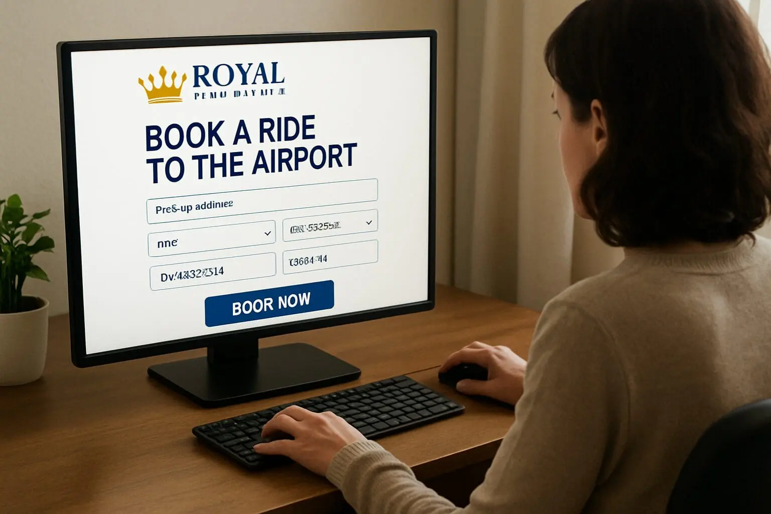 Royal airport car service - hanover, nh airport car service - best rates for airport transfers for dartmouth college Woman on computer booking a car to the airport for Royal Airport Service