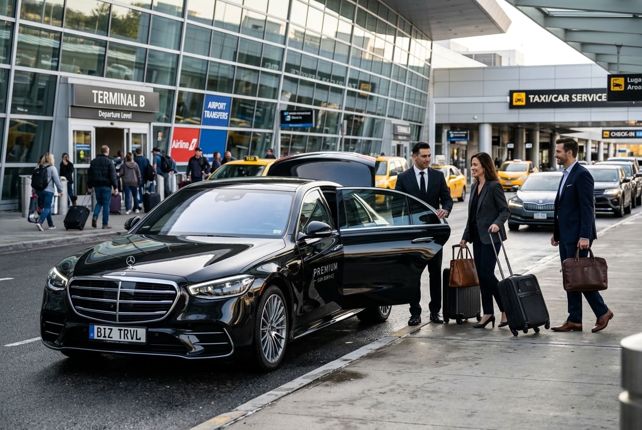 Black luxury taxi with open rear door as driver assists three business travelers with rolling luggage at airport terminal curbside (Terminal B)