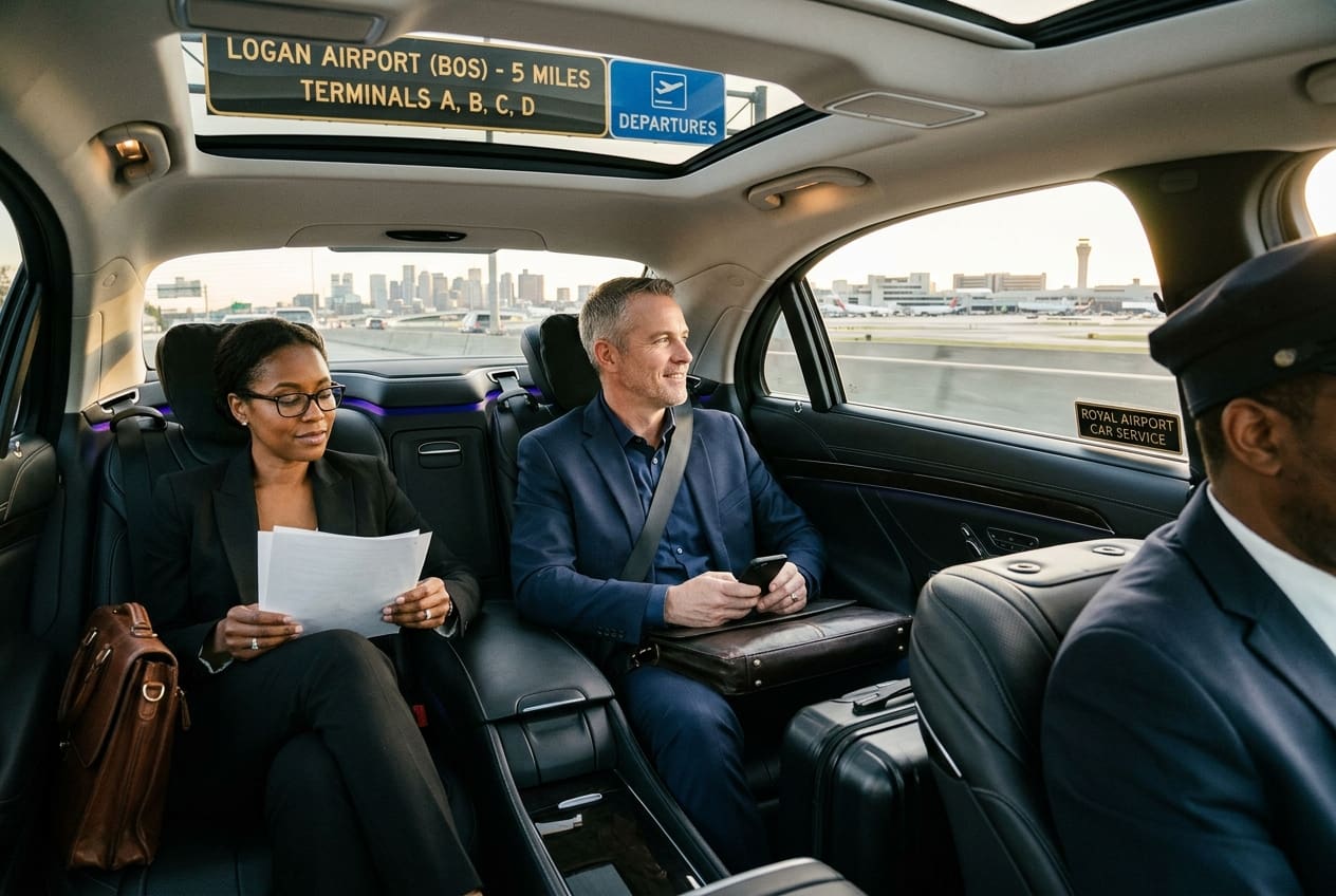 Two professionally dressed travelers sit in a luxury airport car, woman reviewing papers as man checks his phone, with city runway outside the window.